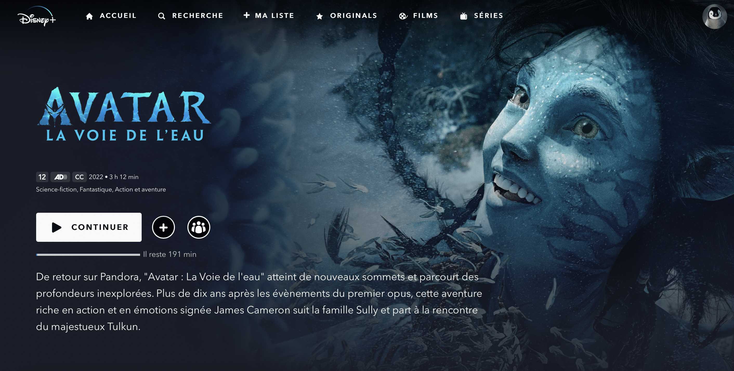 Avatar : la voie de l'eau sur Disney+ France