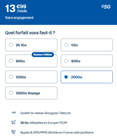 Forfait 5G B&You 200 Go