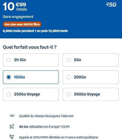 Forfait pas cher B&You 150 Go